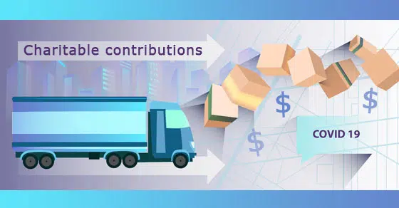 Illustration of a truck and the words "Charitable Contributions" and "Covid-19"
